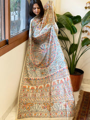 Handpainted Madhubani Dupatta in Pure Tussar Silk