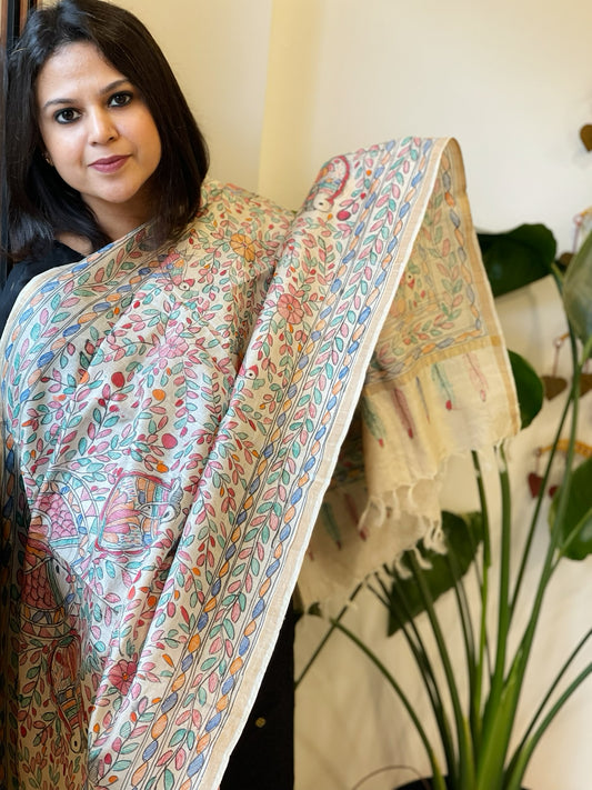 Handpainted Madhubani Dupatta in Pure Tussar Silk