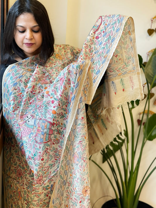 Handpainted Madhubani Dupatta in Pure Tussar Silk