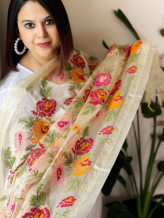 Organza Dupatta with cross-stitch embroidery