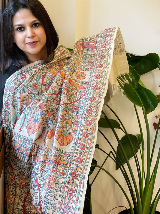 Handpainted Madhubani Dupatta in Pure Tussar Silk