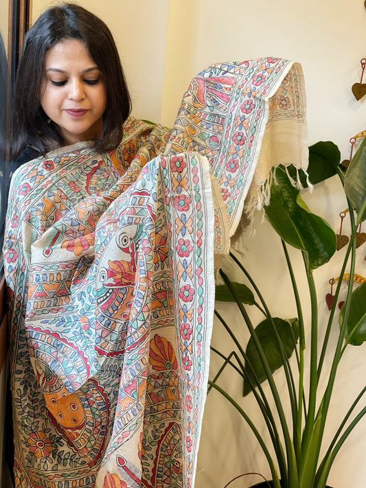 Handpainted Madhubani Dupatta in Pure Tussar Silk