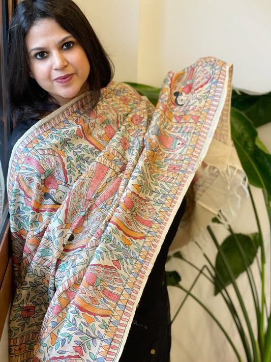 Handpainted Madhubani Dupatta in Pure Tussar Silk