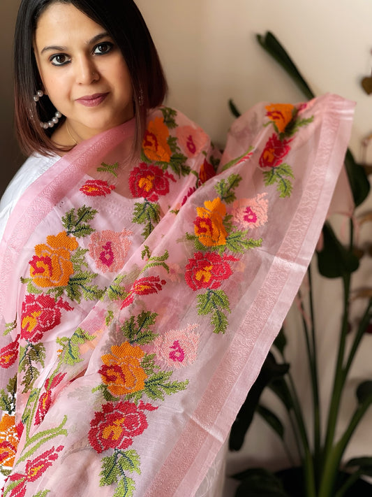 Pink Organza Dupatta with cross-stitch embroidery