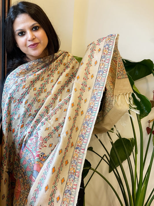 Handpainted Madhubani Dupatta in Pure Tussar Silk