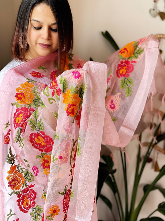 Pink Organza Dupatta with cross-stitch embroidery