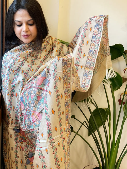 Handpainted Madhubani Dupatta in Pure Tussar Silk