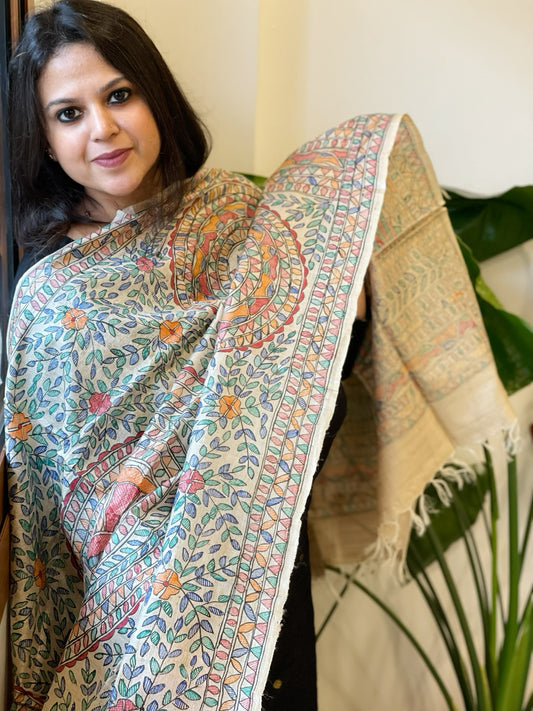 Handpainted Madhubani Dupatta in Pure Tussar Silk