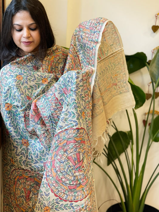 Handpainted Madhubani Dupatta in Pure Tussar Silk
