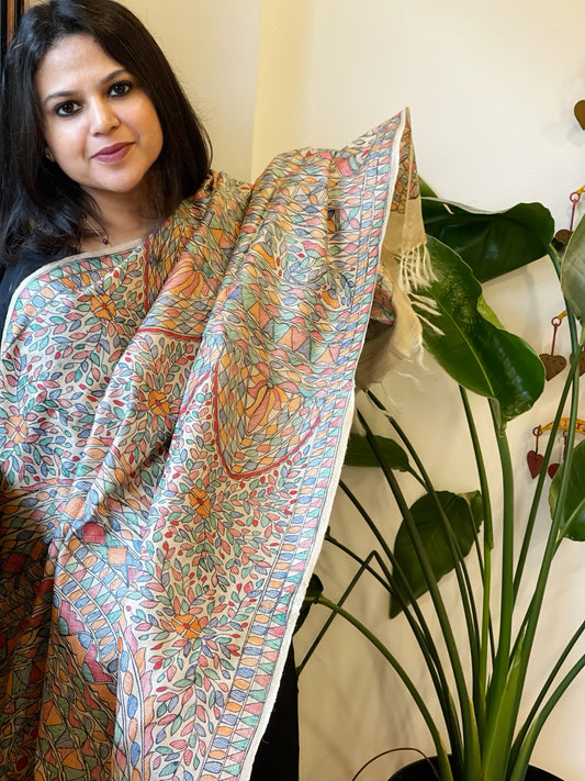 Handpainted Madhubani Dupatta in Pure Tussar Silk