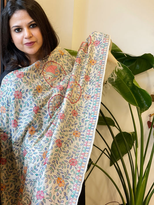 Handpainted Madhubani Dupatta in Pure Tussar Silk