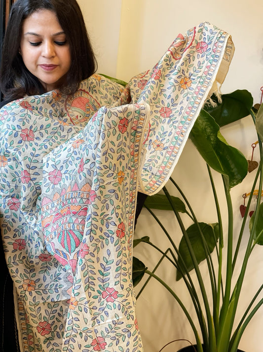 Handpainted Madhubani Dupatta in Pure Tussar Silk