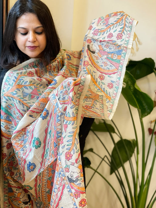 Handpainted Madhubani Dupatta in Pure Tussar Silk
