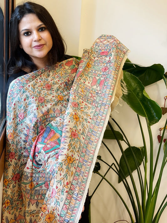 Handpainted Madhubani Dupatta in Pure Tussar Silk