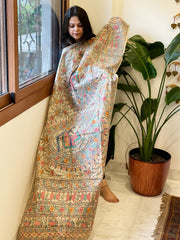 Handpainted Madhubani Dupatta in Pure Tussar Silk