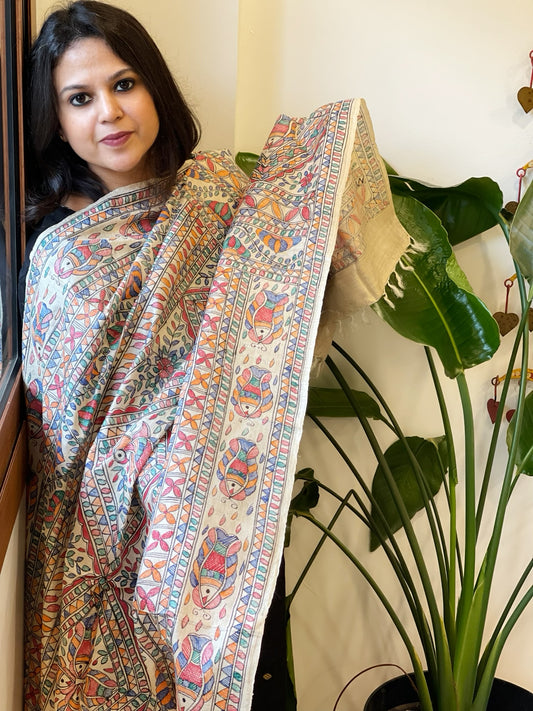 Handpainted Madhubani Dupatta in Pure Tussar Silk
