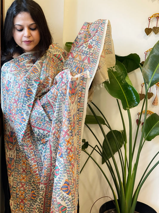Handpainted Madhubani Dupatta in Pure Tussar Silk