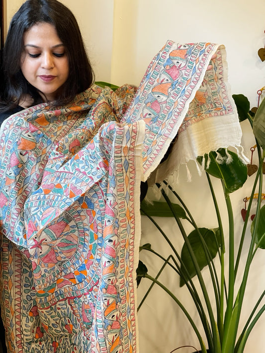 Handpainted Madhubani Dupatta in Pure Tussar Silk