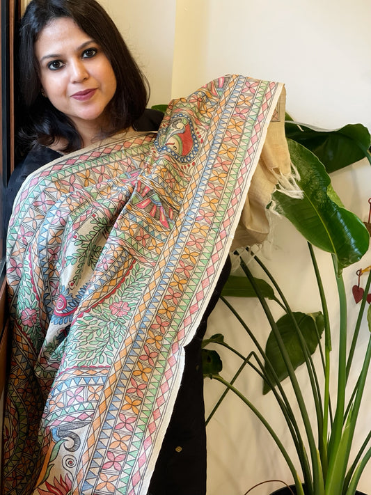 Handpainted Madhubani Dupatta in Pure Tussar Silk
