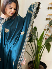 Teal Crepe Dupatta with Pearl, Cut Daana, Gold Thread & Sequin Embroidery