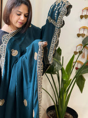 Teal Crepe Dupatta with Pearl, Cut Daana, Gold Thread & Sequin Embroidery
