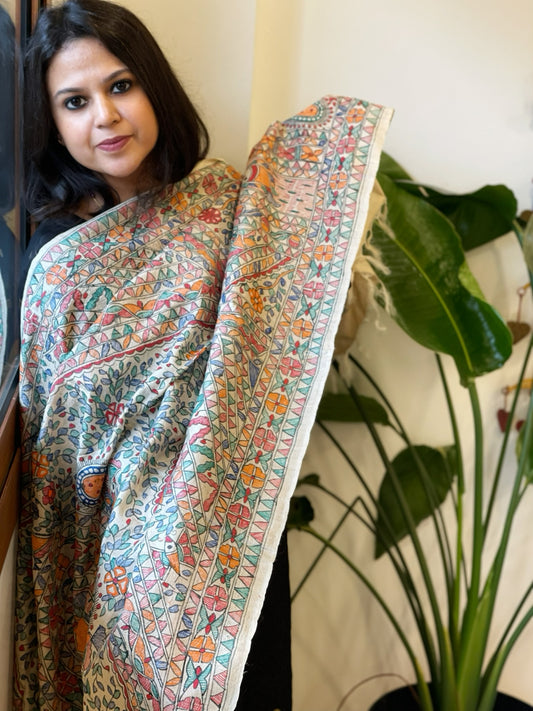 Handpainted Madhubani Dupatta in Pure Tussar Silk