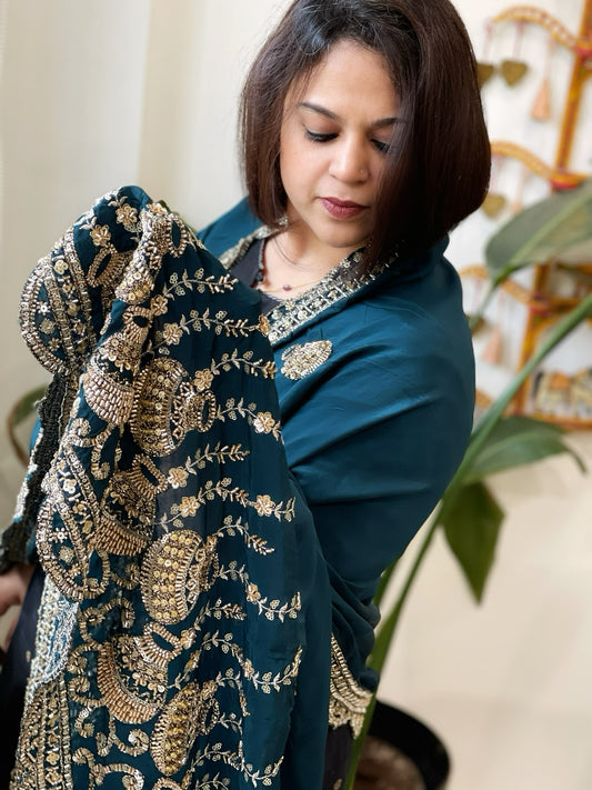 Teal Crepe Dupatta with Pearl, Cut Daana, Gold Thread & Sequin Embroidery