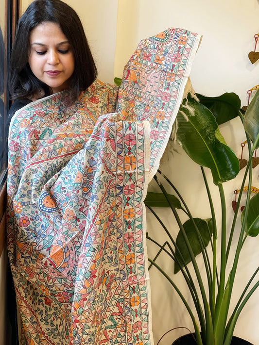 Handpainted Madhubani Dupatta in Pure Tussar Silk
