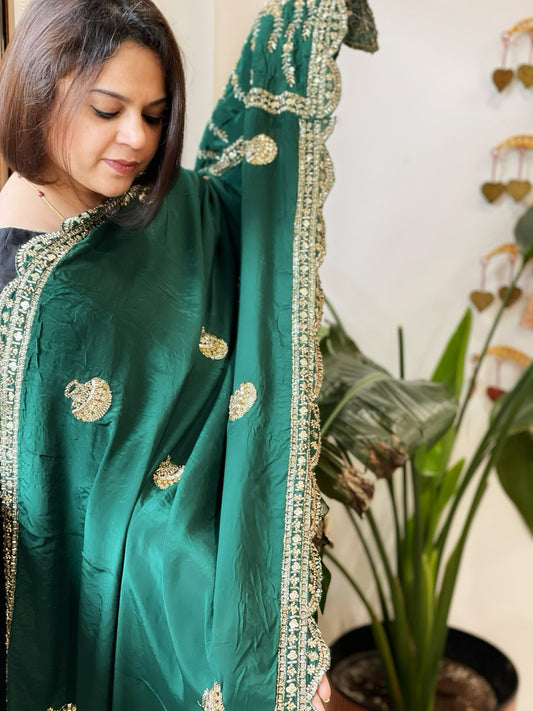 Green Crepe Dupatta with Pearl, Cut Daana, Gold Thread & Sequin Embroidery