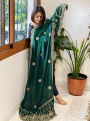 Green Crepe Dupatta with Pearl, Cut Daana, Gold Thread & Sequin Embroidery