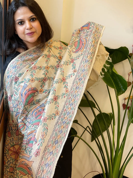 Handpainted Madhubani Dupatta in Pure Tussar Silk