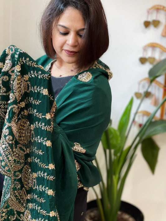Green Crepe Dupatta with Pearl, Cut Daana, Gold Thread & Sequin Embroidery