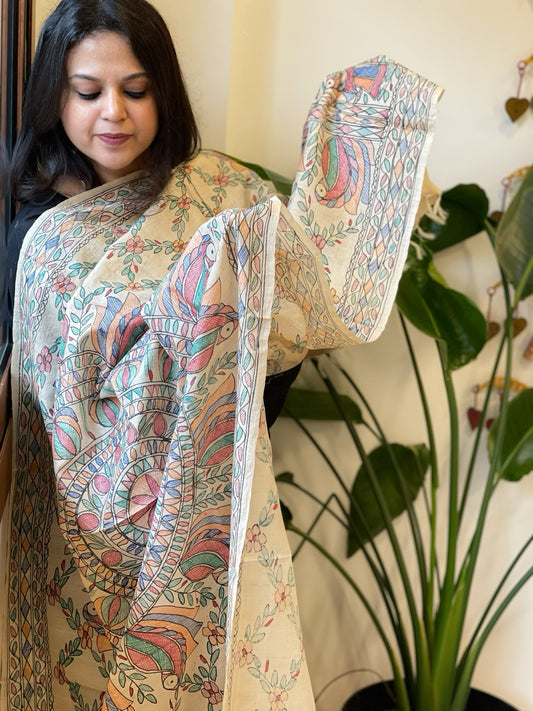 Handpainted Madhubani Dupatta in Pure Tussar Silk