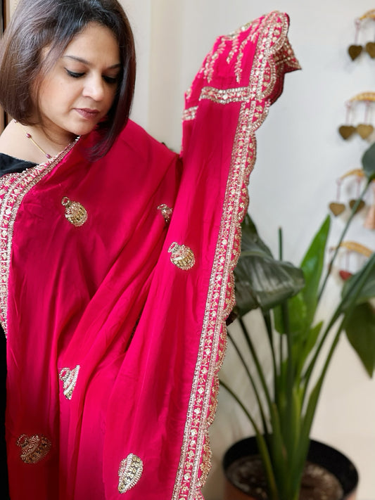Coral Pink Crepe Dupatta with Pearl, Cut Daana, Gold Thread & Sequin Embroidery
