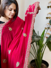 Coral Pink Crepe Dupatta with Pearl, Cut Daana, Gold Thread & Sequin Embroidery