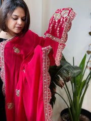 Coral Pink Crepe Dupatta with Pearl, Cut Daana, Gold Thread & Sequin Embroidery
