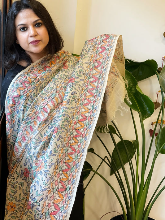 Handpainted Madhubani Dupatta in Pure Tussar Silk