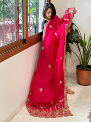 Coral Pink Crepe Dupatta with Pearl, Cut Daana, Gold Thread & Sequin Embroidery