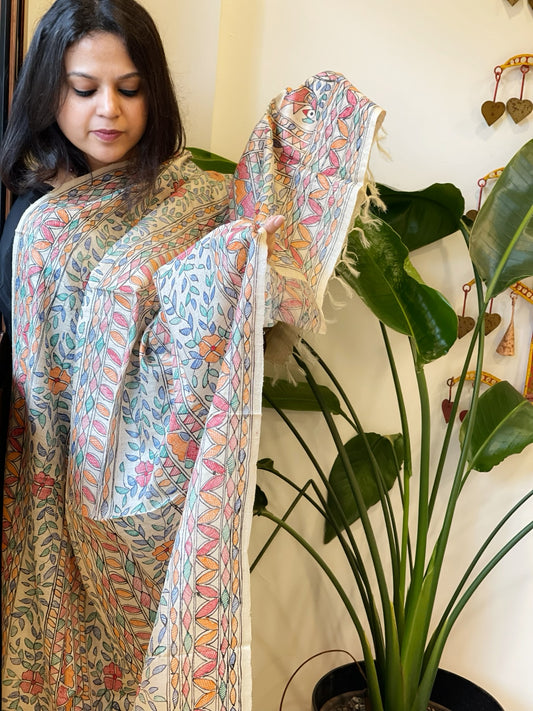 Handpainted Madhubani Dupatta in Pure Tussar Silk