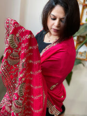 Coral Pink Crepe Dupatta with Pearl, Cut Daana, Gold Thread & Sequin Embroidery