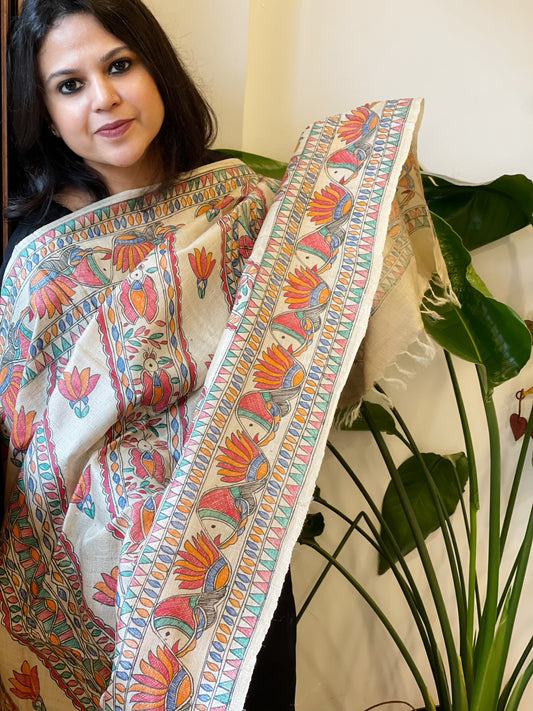 Handpainted Madhubani Dupatta in Pure Tussar Silk