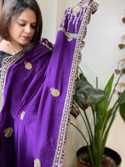 Purple Crepe Dupatta with Pearl, Cut Daana, Gold Thread & Sequin Embroidery