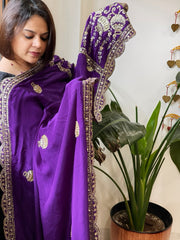 Purple Crepe Dupatta with Pearl, Cut Daana, Gold Thread & Sequin Embroidery