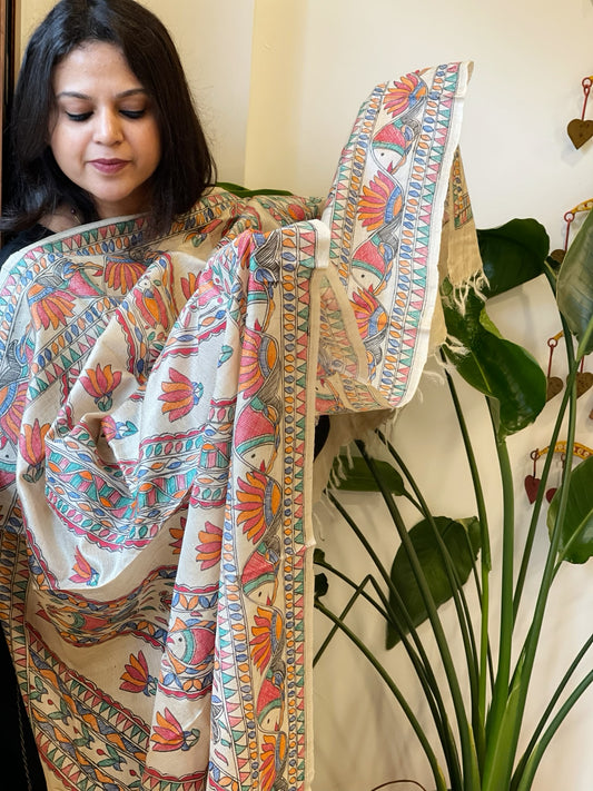 Handpainted Madhubani Dupatta in Pure Tussar Silk
