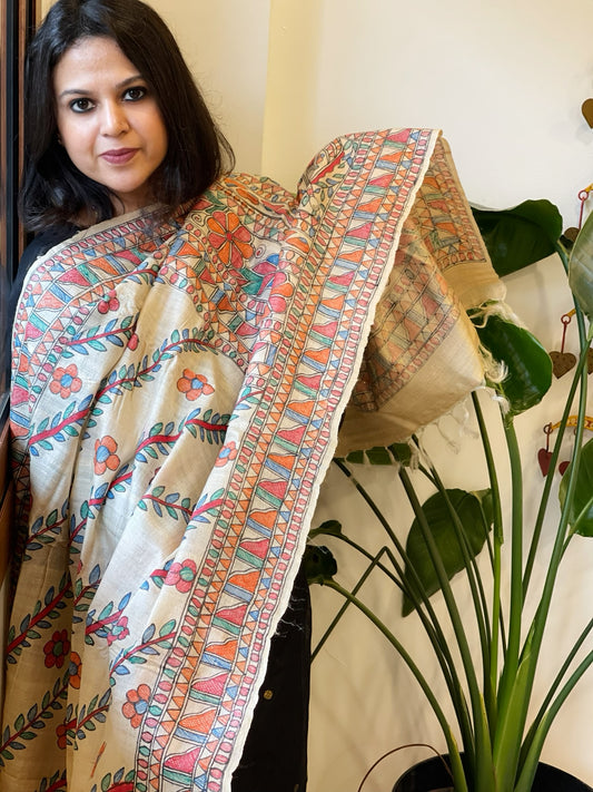 Handpainted Madhubani Dupatta in Pure Tussar Silk