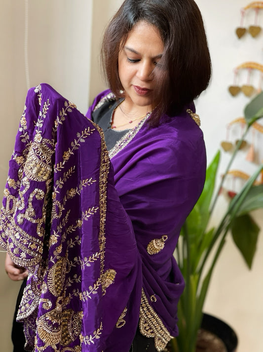 Purple Crepe Dupatta with Pearl, Cut Daana, Gold Thread & Sequin Embroidery