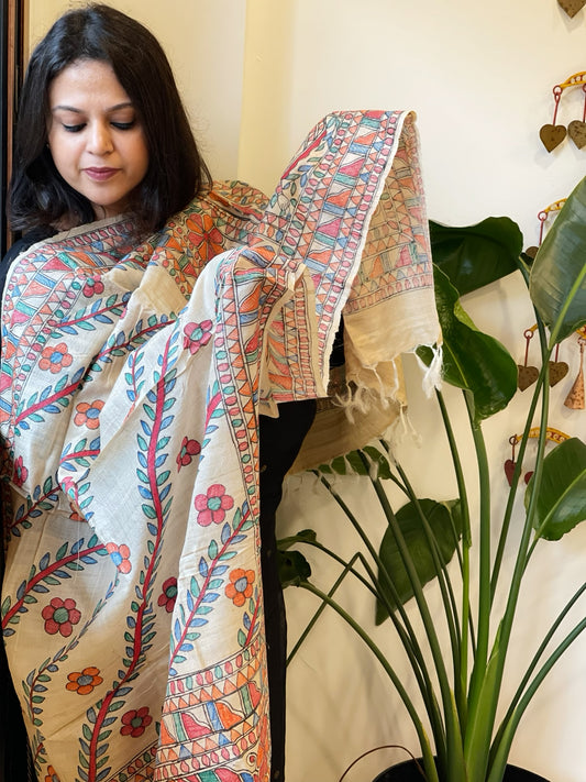 Handpainted Madhubani Dupatta in Pure Tussar Silk
