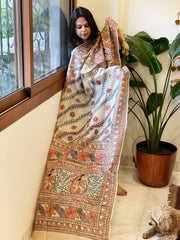Handpainted Madhubani Dupatta in Pure Tussar Silk