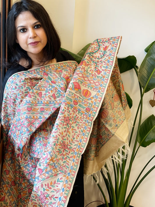 Handpainted Madhubani Dupatta in Pure Tussar Silk