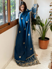 Teal Crepe Dupatta with Pearl, Cut Daana, Gold Thread & Sequin Embroidery